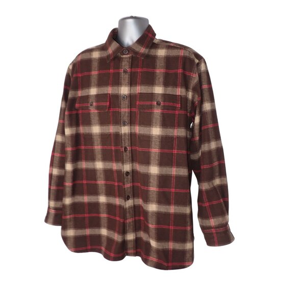 Mens Brown & Beige Long Sleeve Plaid Flannel Button-Up Shirt With Red Accents Si - Picture 2 of 7